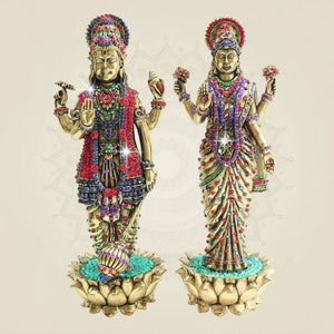 Vishnu - Lakshmi Brass Idol β Stunning Jewellery Stone Work - Luxeartisanship
