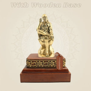 6 inch Brass Sai Baba Murti in Blessing Posture on Wooden Base