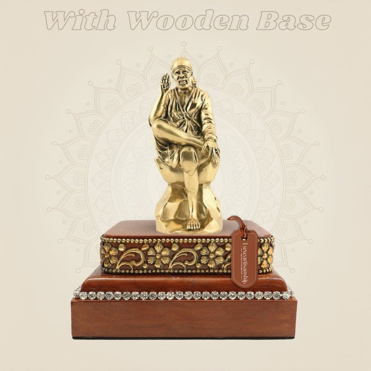 Brass Sai Baba Idol on Wooden Base for Home Temple and Puja