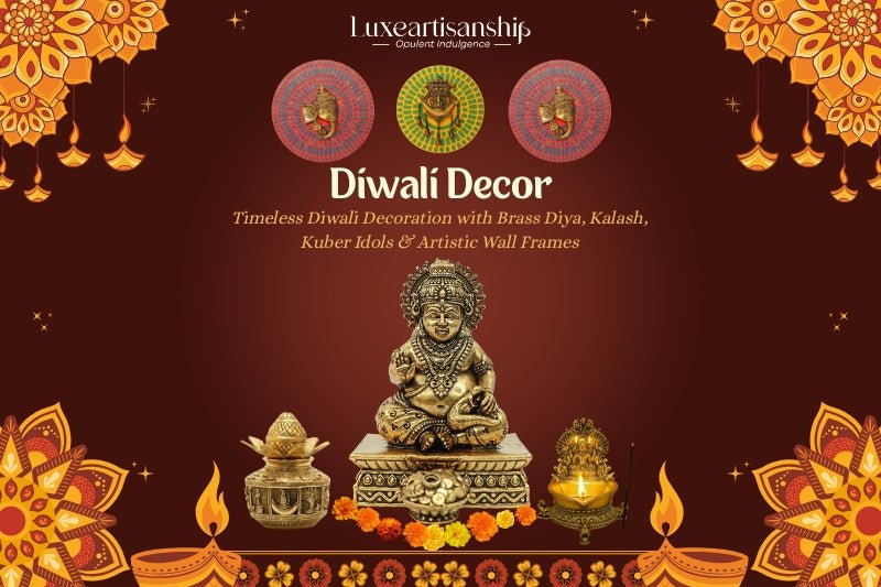 Timeless Diwali Decoration with Brass Diya, Kalash, Kuber Idols & Artistic Wall Frames