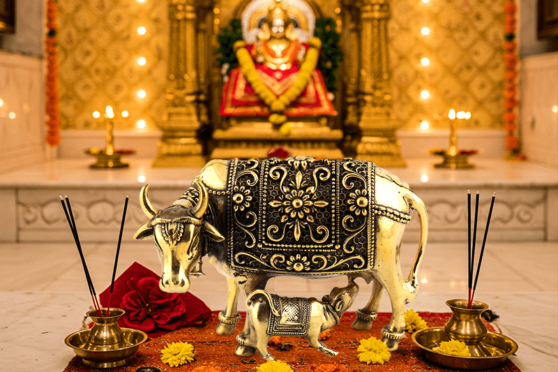 Kamdhenu Cow with Calf Brass Statue- Invite Harmony