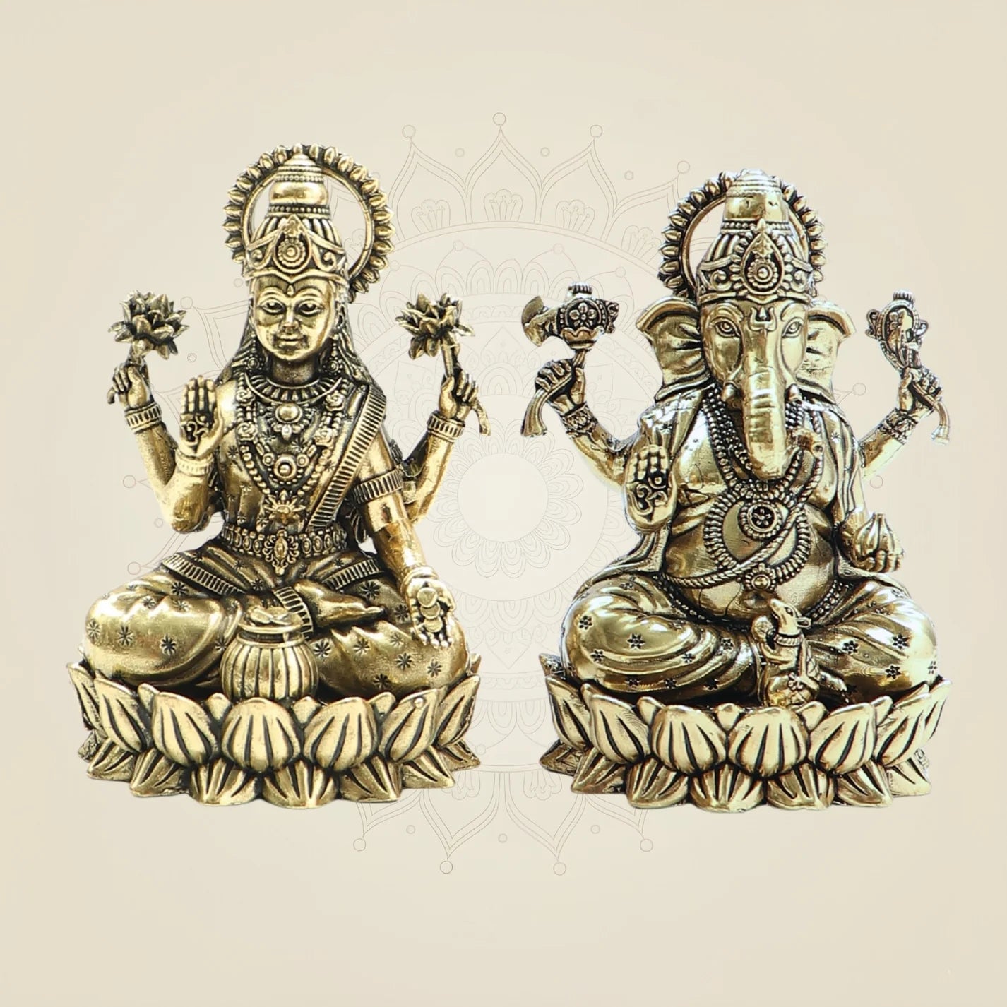 Brass Lakshmi Ganesha Idol on Lotus – Miniature Sacred Murti -2"