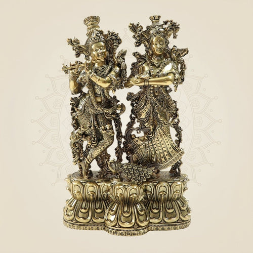 10" Brass Radha Krishna Duo Statue – Intricate Flute & Grace Pose Idol