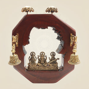 10.5" Ganesh Lakshmi Saraswati Idol Wooden Frame with Bells - Luxeartisanship