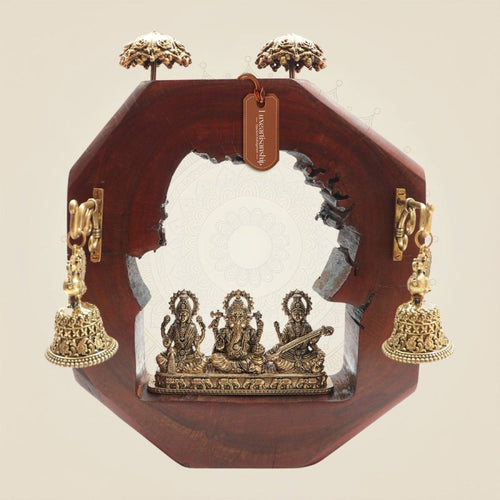 10.5" Ganesh Lakshmi Saraswati Idol Wooden Frame with Bells