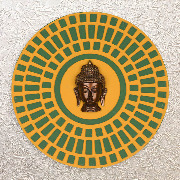 Brass Buddha Wall Face with Round Decorative Frame – 15" Zen Wall Accent