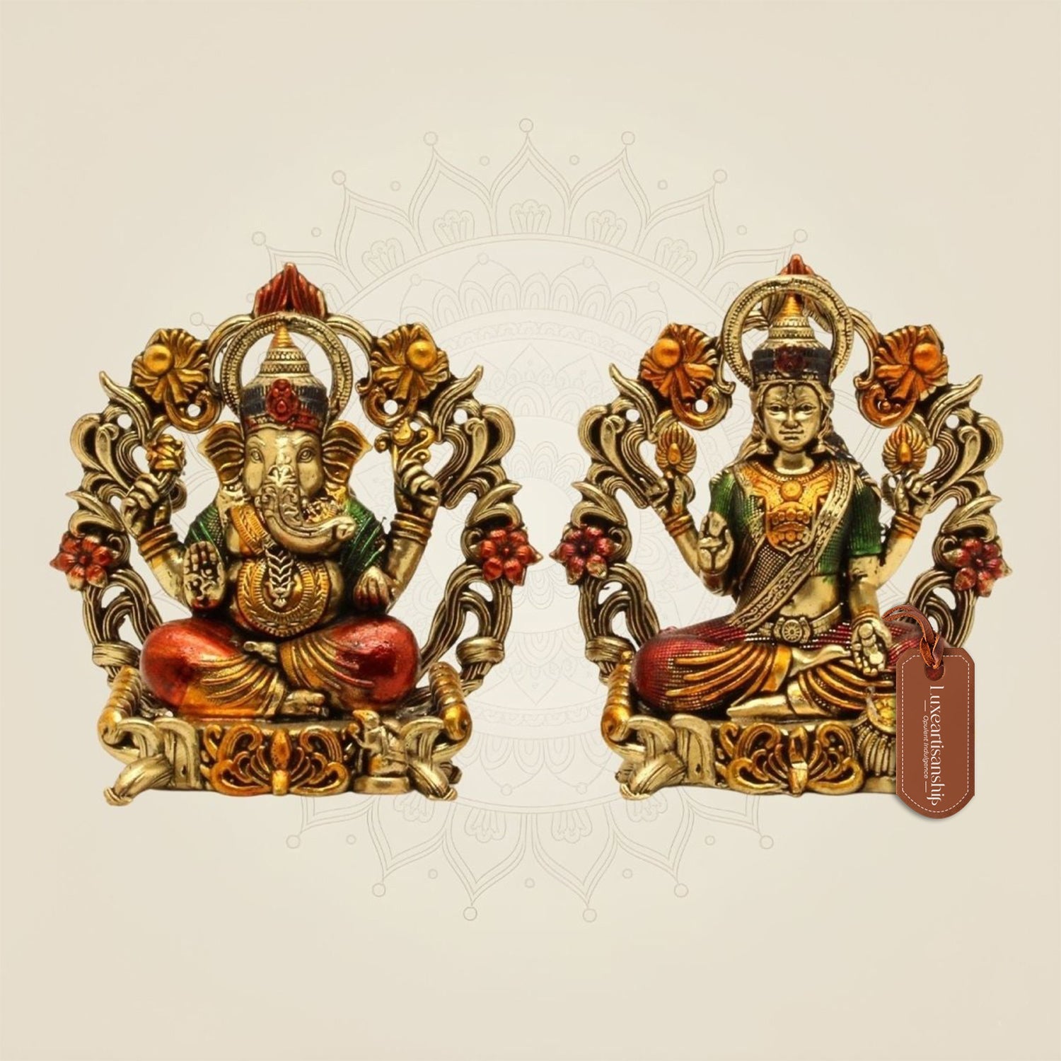 Brass Lakshmi Ganesh Multi colored Idol – Ideal for Mandir & Diwali