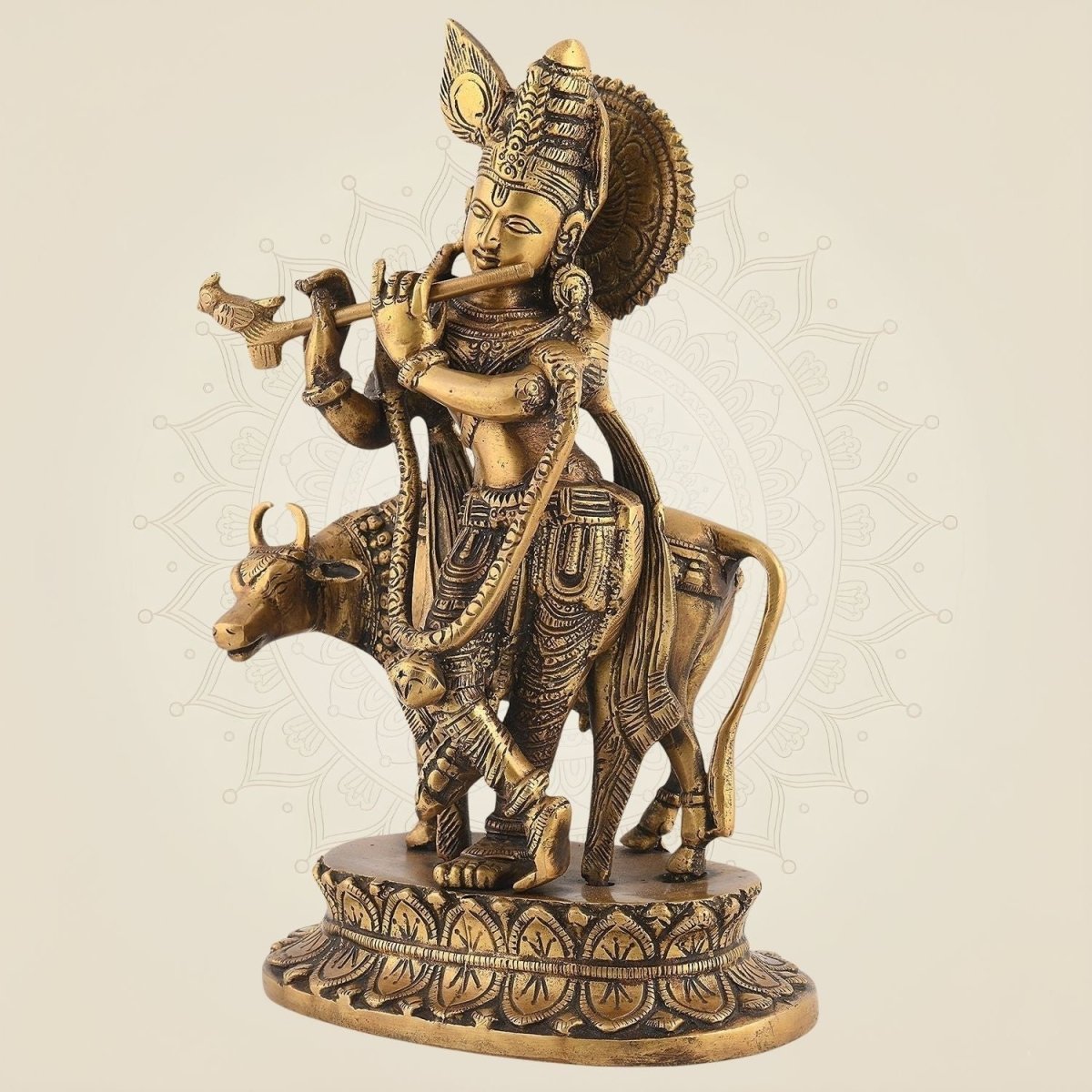 High-quality brass Krishna and cow murti