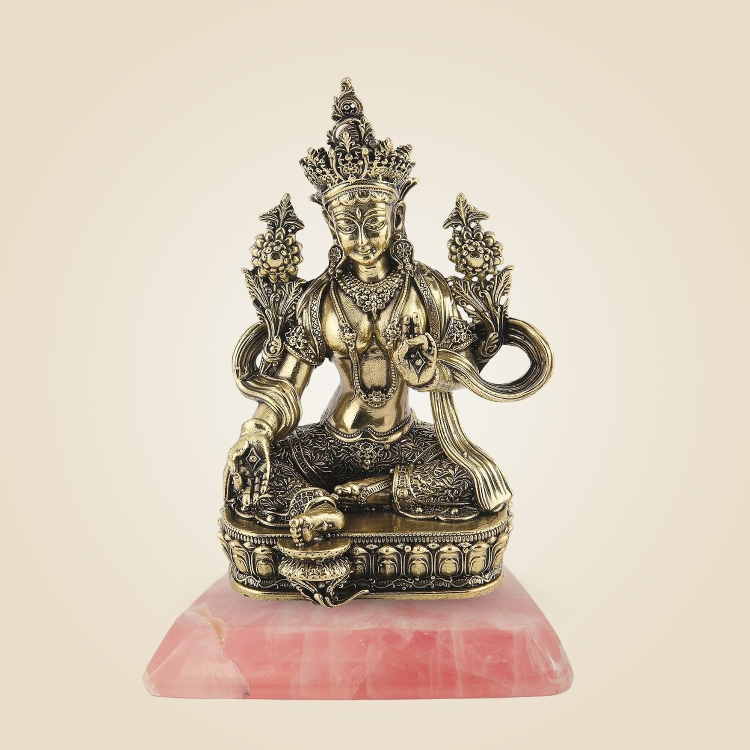 Brass Tara Mata Statue with Stone Base