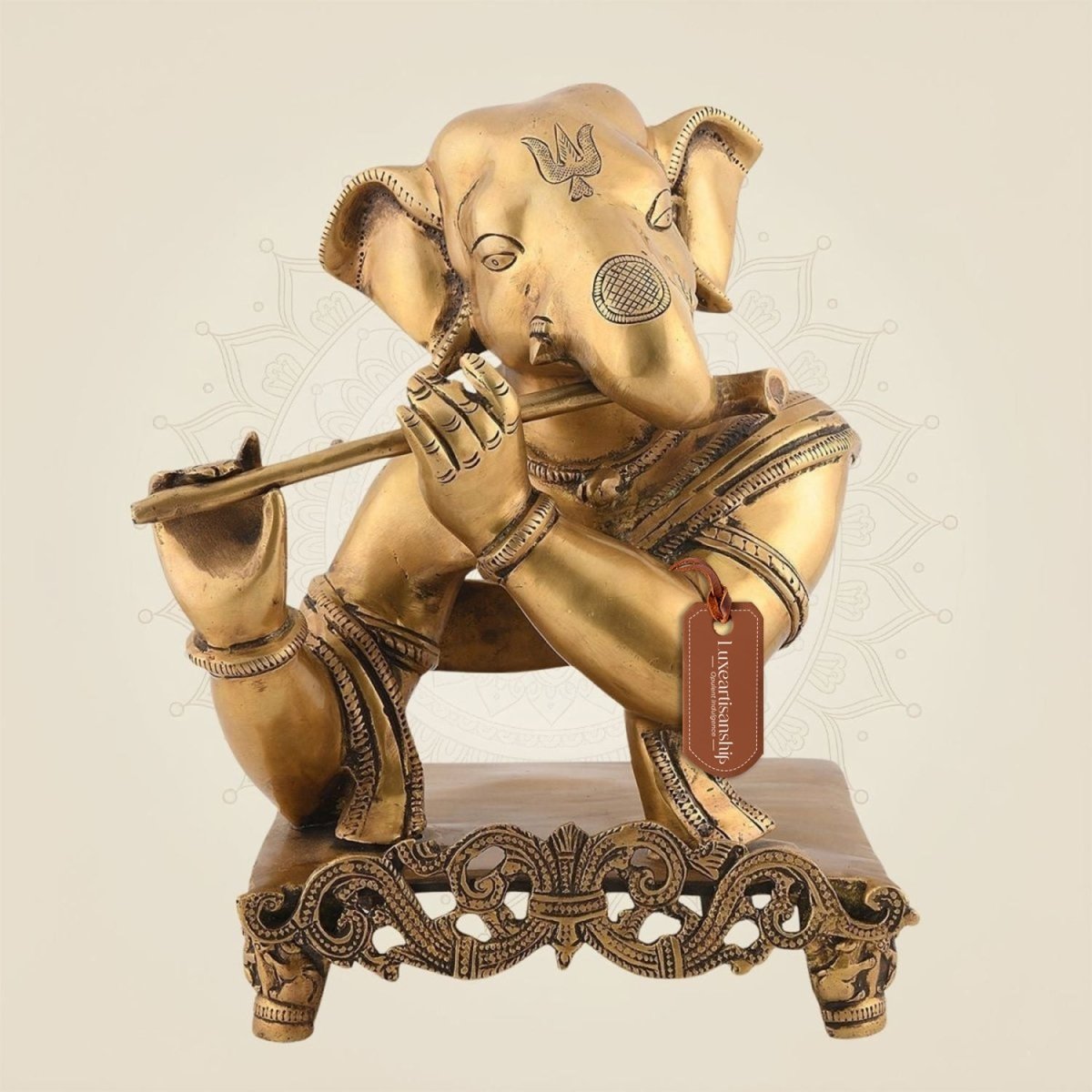 11.75" Ganesha Playing Flute Brass Idol