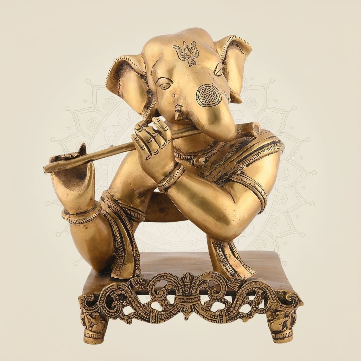 11.75" Ganesha Playing Flute Brass Idol