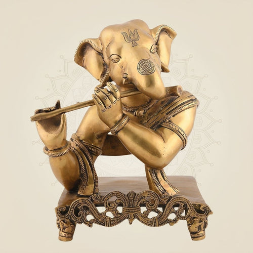 11.75" Brass Ganesha Playing Flute Idol – Hindu Sculpture