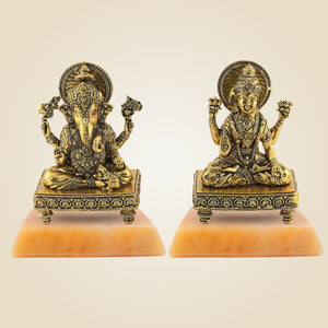 Brass Ganesh Laxmi Idol with Stone Base