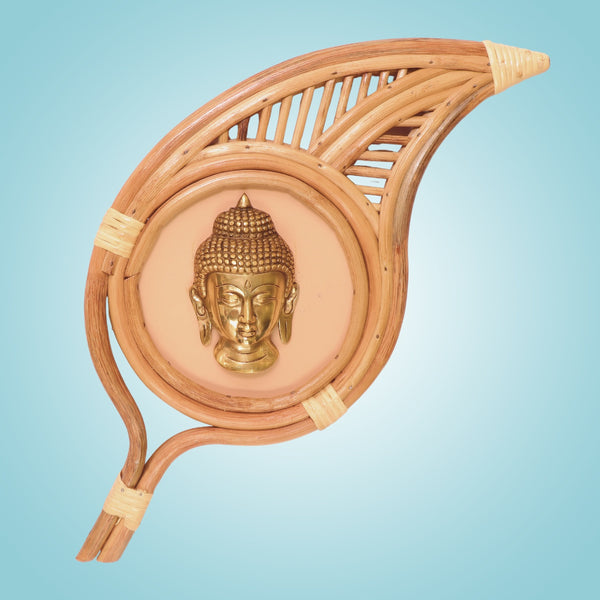 Buddha Face Wall Hanging 21.5"- Brass Mask in Leaf-Shaped Bamboo Frame