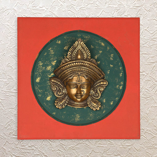 Durga Maa Brass Face Wall Frame • 16" • Handcrafted Spiritual Décor