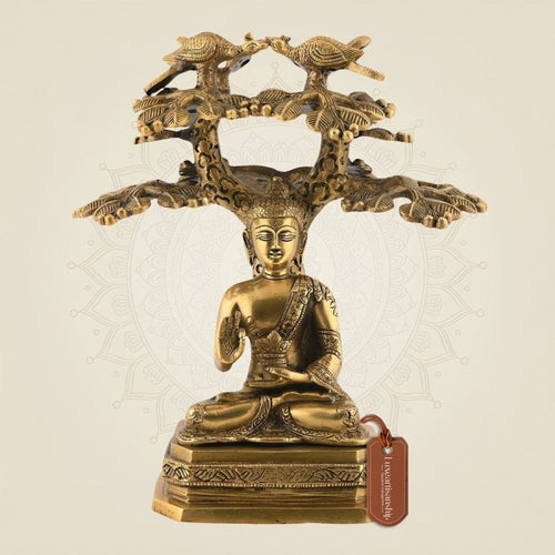 12" Brass Lord Buddha - Seated Under Bodhi Tree • Meditation Decor Idol