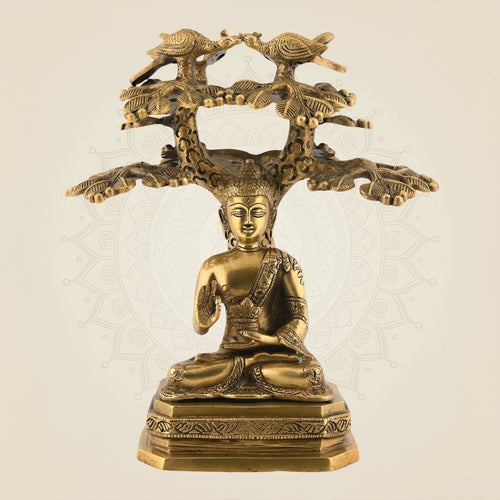 12" Brass Lord Buddha - Seated Under Bodhi Tree • Meditation Decor Idol