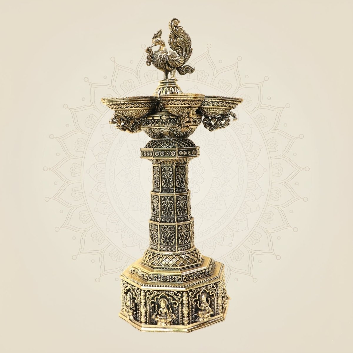 12.5 Inch Ashtalakshmi Peacock Brass Diya Lamp for Home Temple & Puja Decor - Luxeartisanship