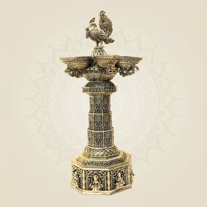 12.5 Inch Ashtalakshmi Peacock Brass Diya Lamp for Home Temple & Puja Decor - Luxeartisanship
