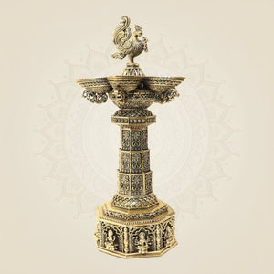 12.5 Inch Ashtalakshmi Peacock Brass Diya Lamp for Home Temple & Puja Decor - Luxeartisanship