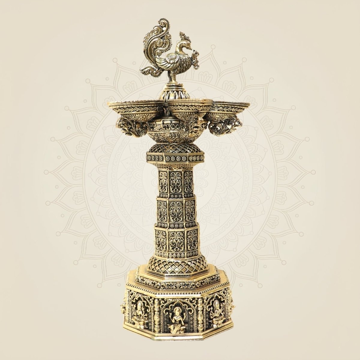 12.5 Inch Ashtalakshmi Peacock Brass Diya Lamp for Home Temple & Puja Decor - Luxeartisanship