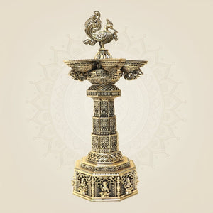 12.5 Inch Ashtalakshmi Peacock Brass Diya Lamp for Home Temple & Puja Decor - Luxeartisanship