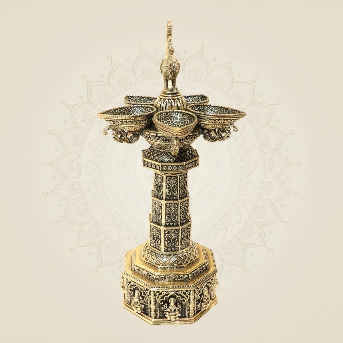 12.5 Inch Ashtalakshmi Peacock Brass Diya Lamp for Home Temple & Puja Decor - Luxeartisanship