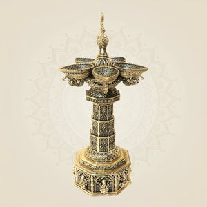12.5 Inch Ashtalakshmi Peacock Brass Diya Lamp for Home Temple & Puja Decor - Luxeartisanship