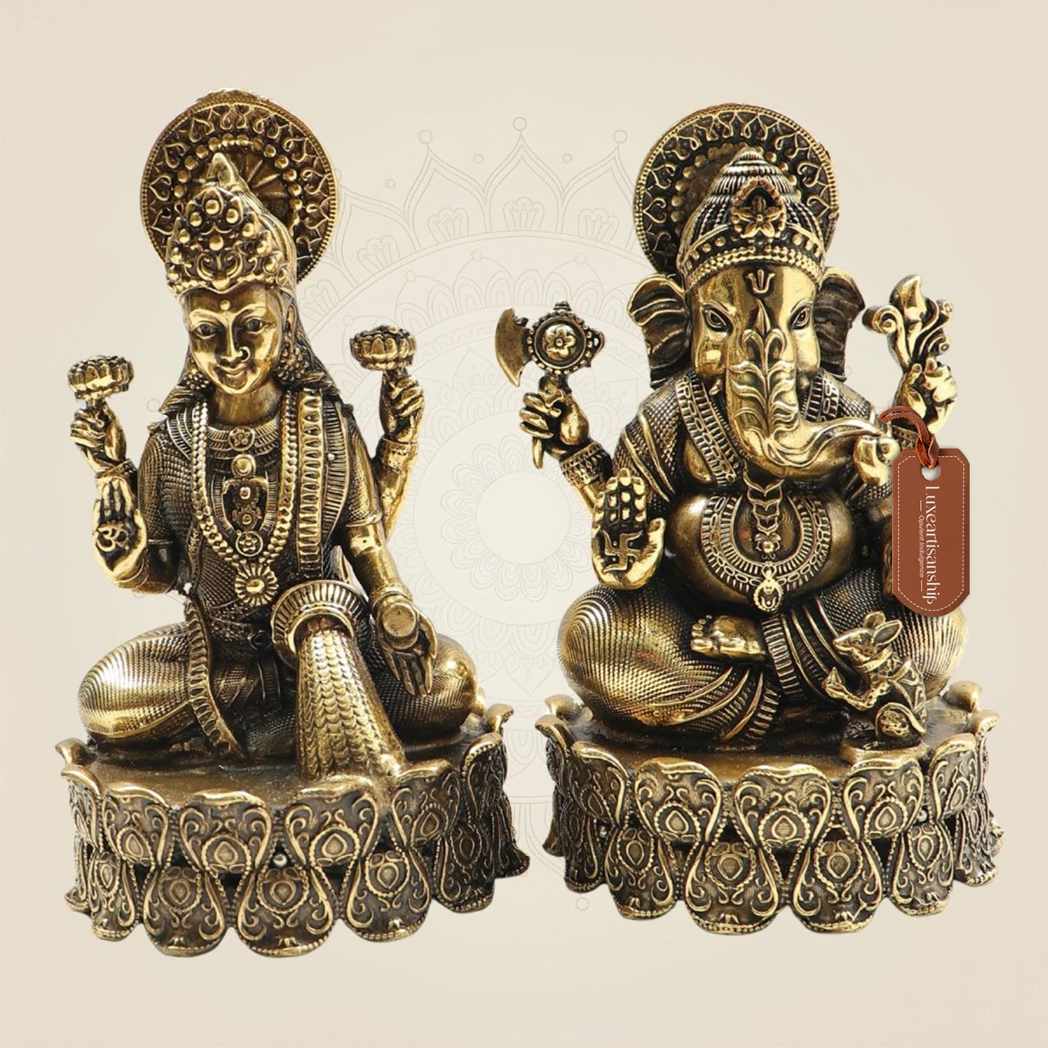 Brass Lakshmi Ganesh Idol Set 4.25" with Lotus Base - Luxeartisanship
