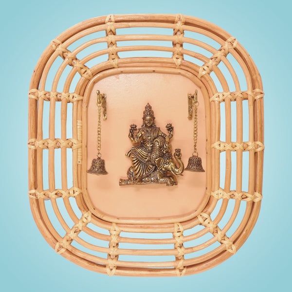 Gajalakshmi Wall Hanging • Brass Idol with Twin Bells & Bamboo Frame - 19"