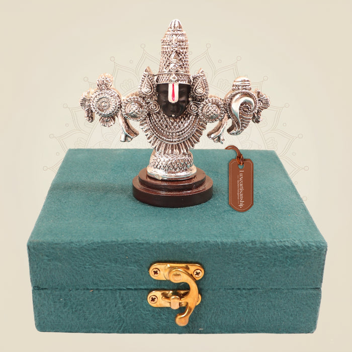 999 Silver Plated Tirupati Balaji Idol with Shankh & Chakra on Wood Base for Pooja & Gifting