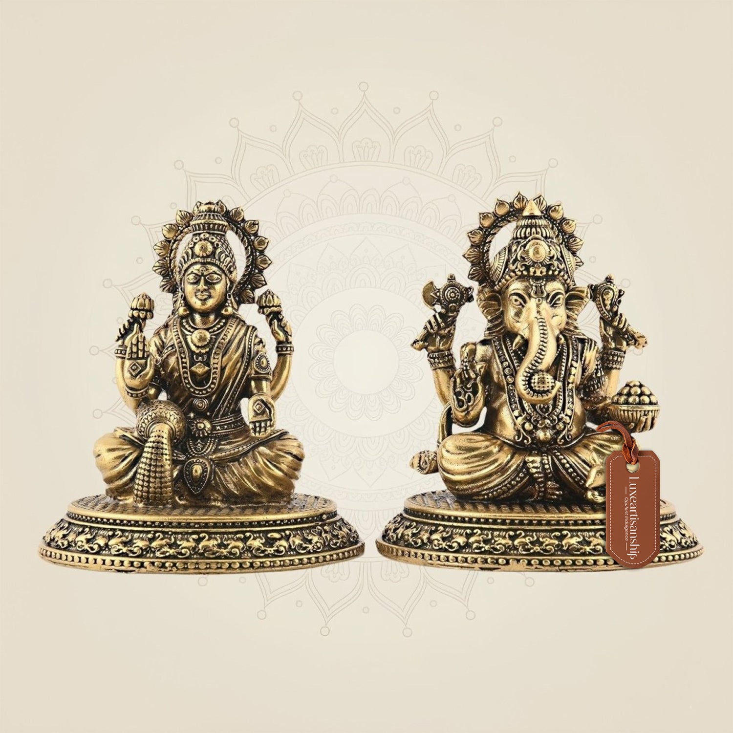 Superfine Ganesha Lakshmi Brass Idol Set 3.25"