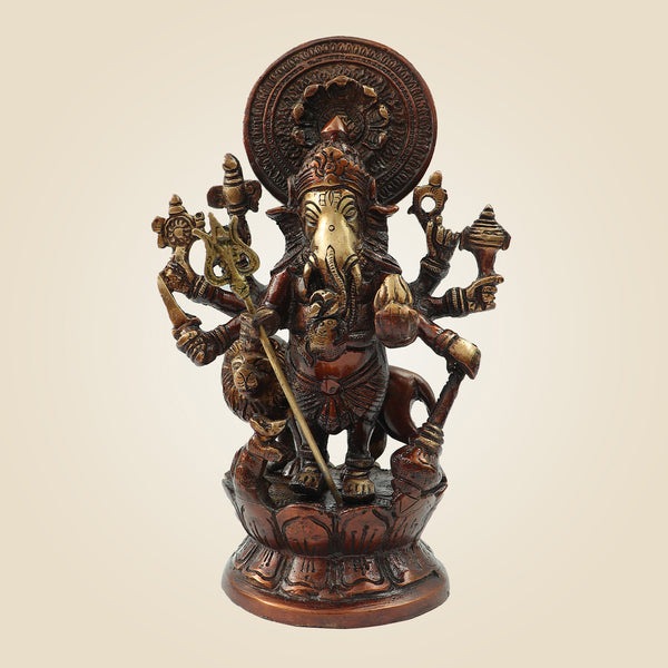 Brass Astha Bhuja Ganesha Idol - 8-Armed Ganesh Statue 9 Inch for Vastu & Home Temple Decor"