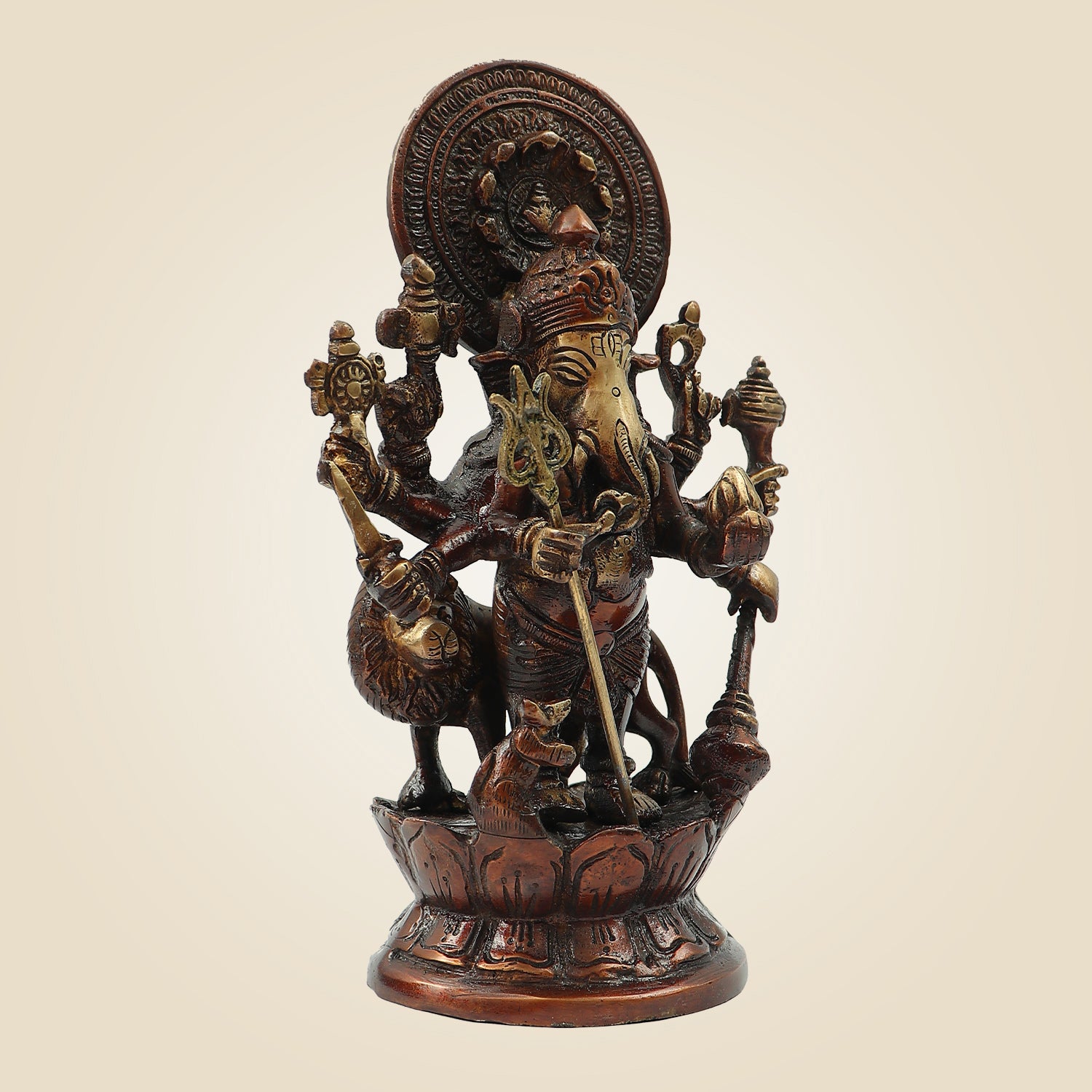 Brass Astha Bhuja Ganesha Idol - 8-Armed Ganesh Statue 9 Inch for Vastu & Home Temple Decor"