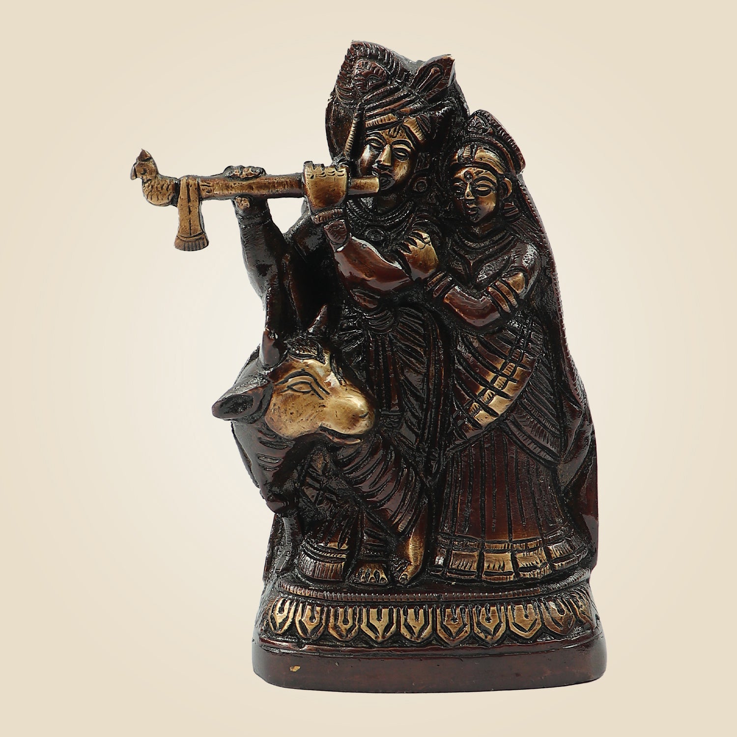 Brass Radha Krishna with Cow Idol 6" – Elegant Murti for Puja, Janmashtami & Home Décor