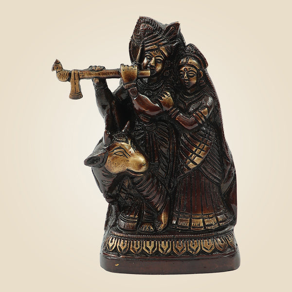 Brass Radha Krishna with Cow Idol 6" – Elegant Murti for Puja, Janmashtami & Home Décor