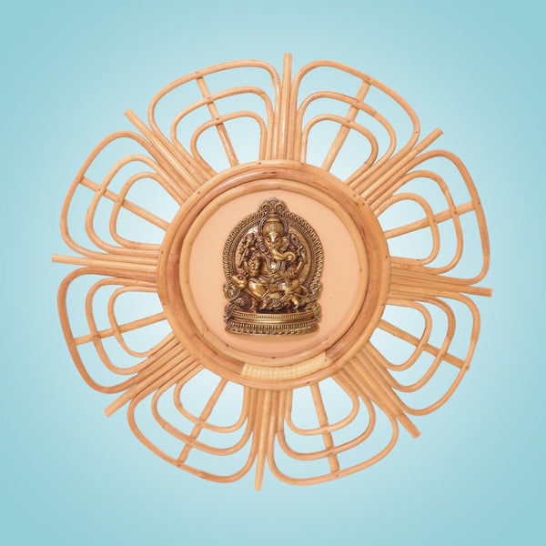 Brass Ganesha Wall Hanging • Handcrafted Bamboo Frame Art - 19.25"
