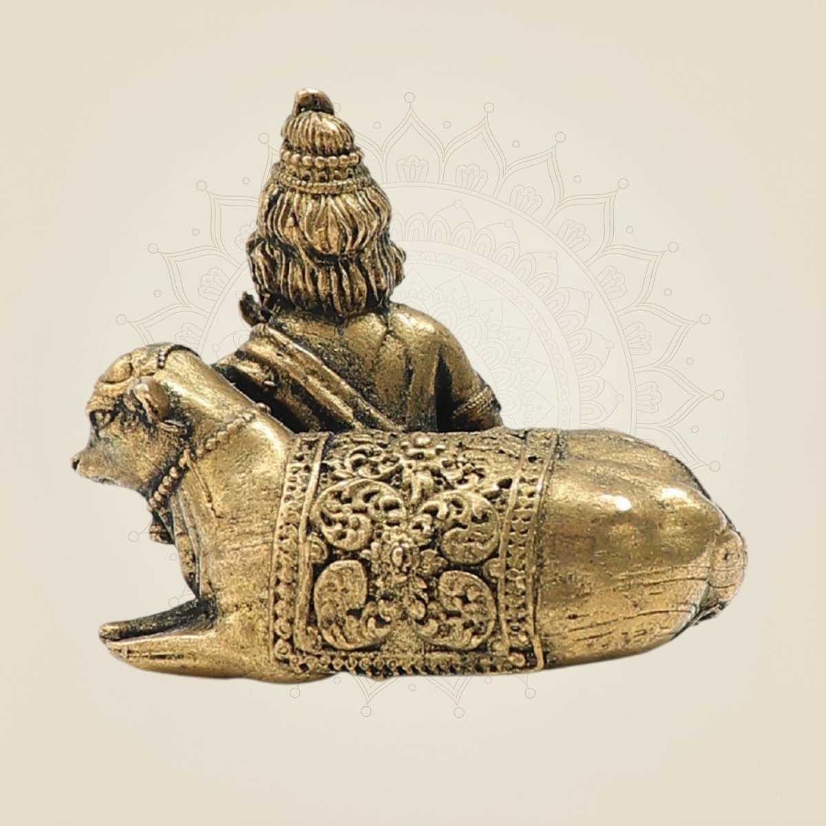 1.5" Bronze Bal Krishna Resting with Cow – Vintage Look Spiritual Showpiece - Luxeartisanship