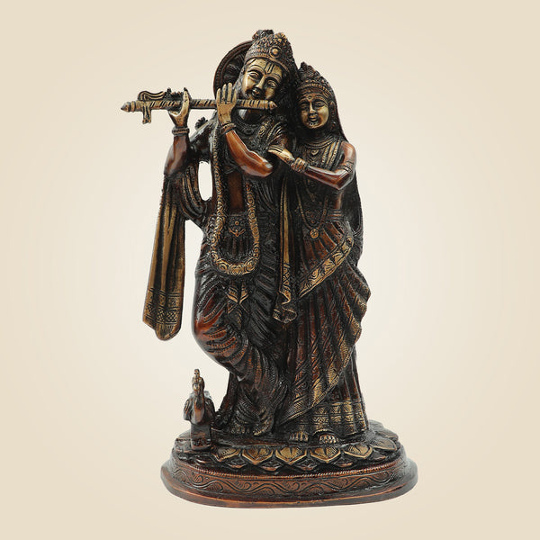 Colore Brass Radha Krishna Statue | Flute Playing Idol for Temple & Home Decor 11.75"