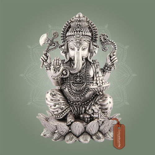 Silver-Plated Lord Ganesha on Lotus Idol – 4" Superfine Pure Brass Statue