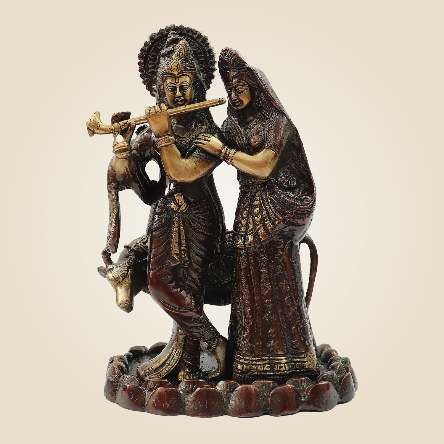 Hand Painted Brass Radha Krishna Idol | Flute Playing Murti 10.75" for Temple & Home Decor