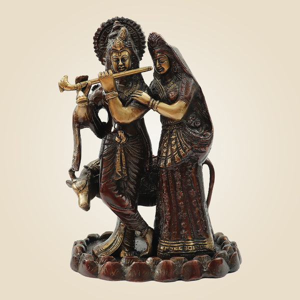Hand Painted Brass Radha Krishna Idol | Flute Playing Murti 10.75" for Temple & Home Decor
