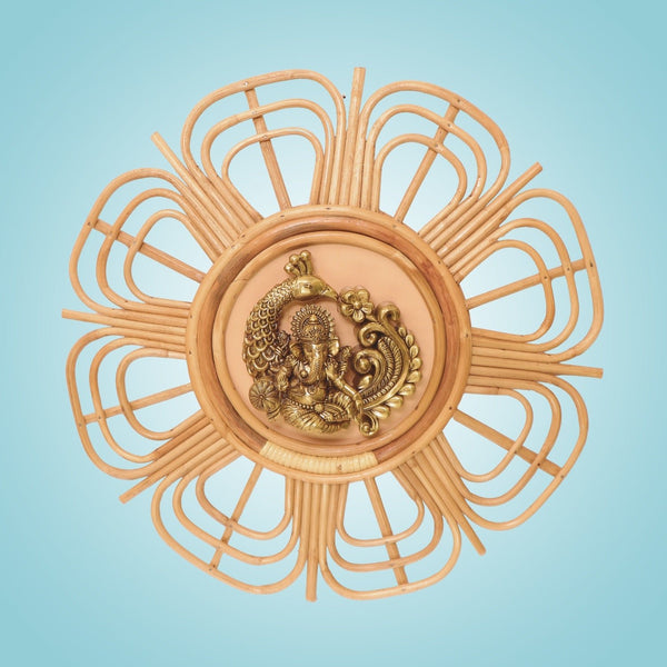 Brass Ganesha Wall Art 19.25" - Peacock Design in Bamboo Frame
