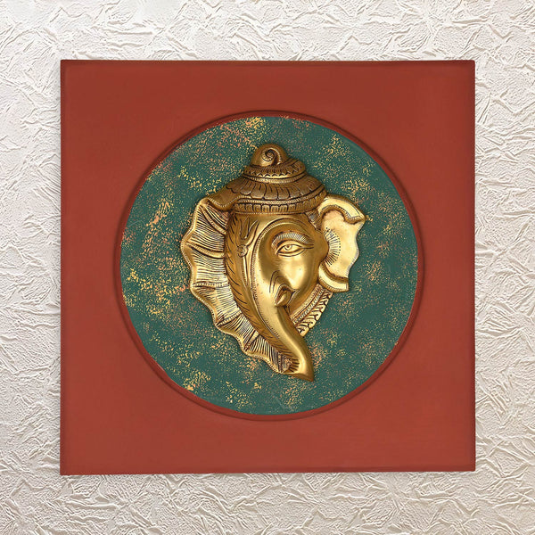 Brass Ganesha Face Mask - 16" Wall Frame • Divine Item for Home Decor