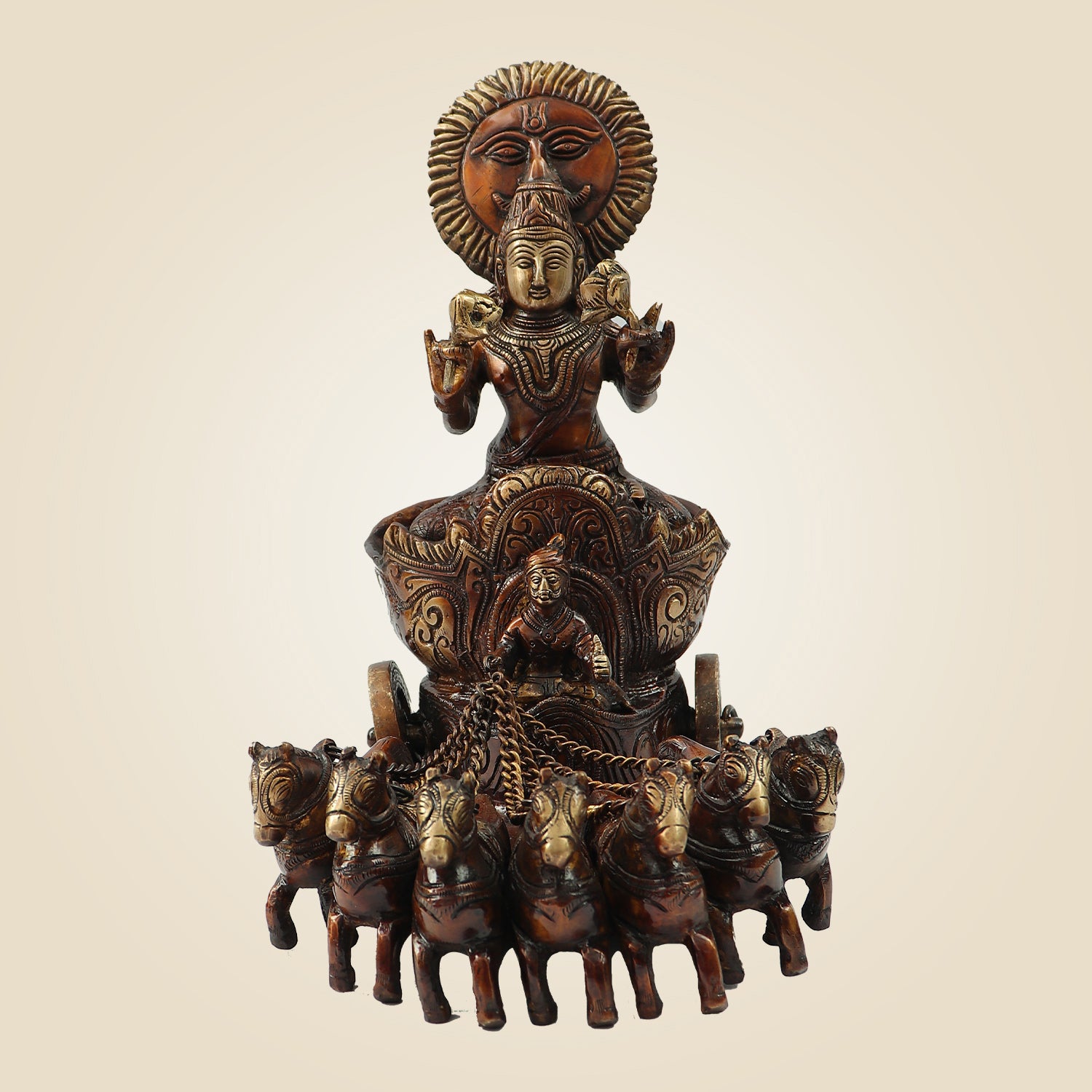 Exquisite Brass Surya Dev Rath Idol with 7 Horses 10.75" Inchs | Sacred Vedic Decor Statue