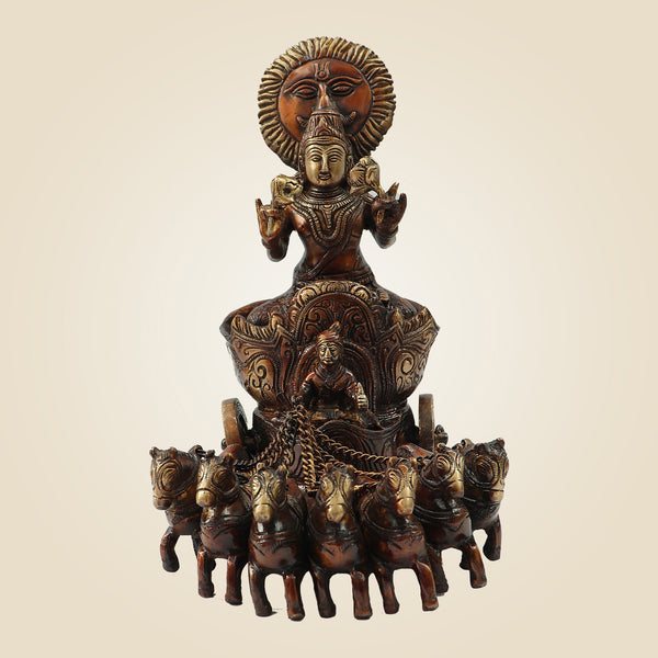 Exquisite Brass Surya Dev Rath Idol with 7 Horses 10.75" Inchs | Sacred Vedic Decor Statue