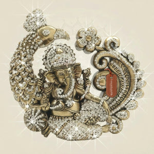6 inch Ganesha Brass Statue in Ornate Peacock Frame with Jewellery Stone Work