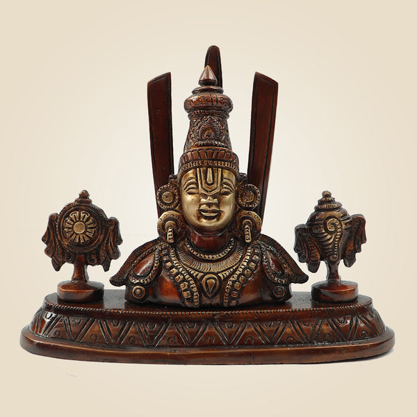 Brass Tirupati Balaji with Trisul – 5.75 Inch Idol in Colored Patina & Butter Finish for Puja & Décor