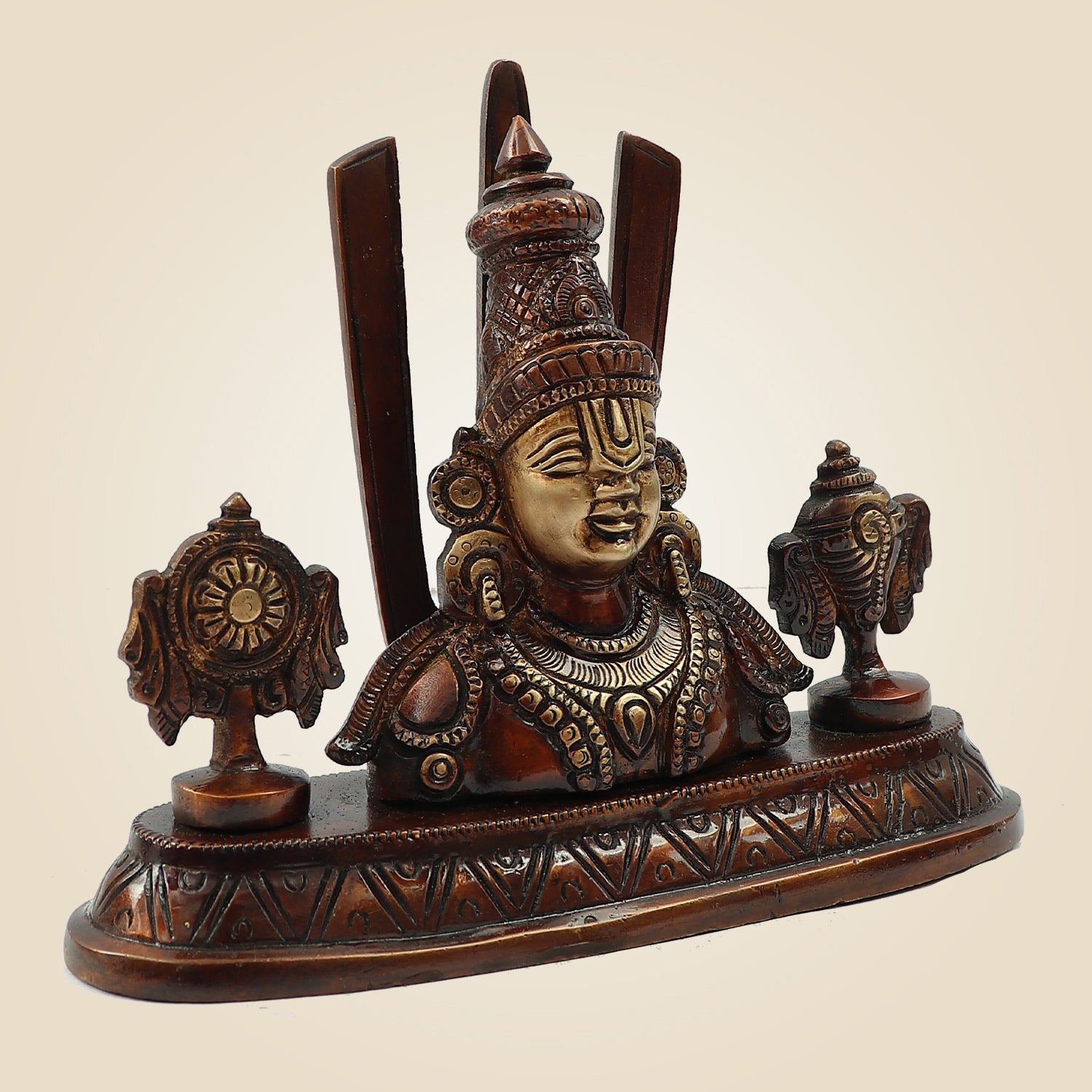Brass Tirupati Balaji with Trisul – 5.75 Inch Idol in Colored Patina & Butter Finish for Puja & Décor