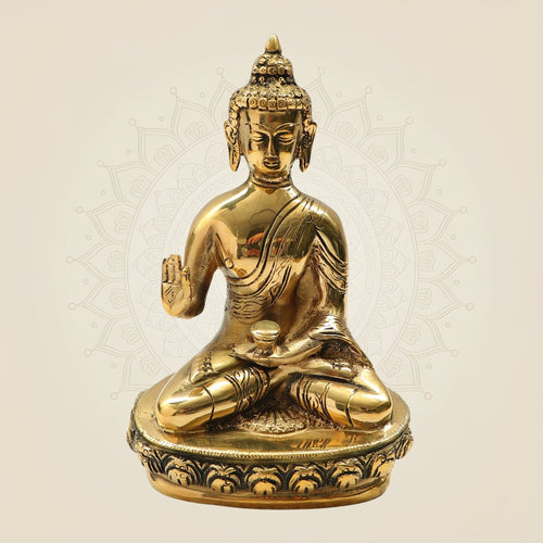 Meditating Buddha Brass Idol in Blessing Pose 9.75"